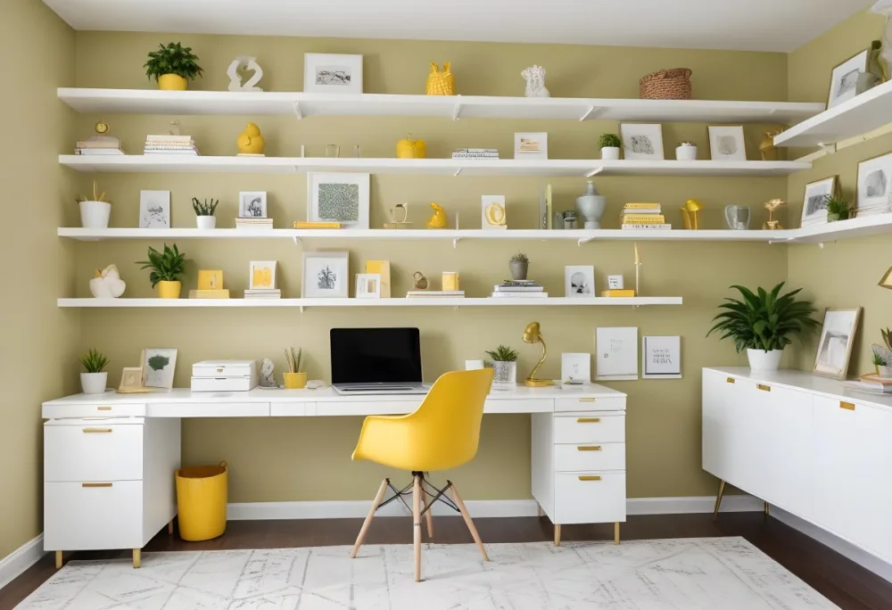 A Modern Home Office With A White Desk A White Chair And Shelving Units On The Wall The Color Scheme Is Mostly Neutral With Pops Of Yellow And Green Accents 5 239e