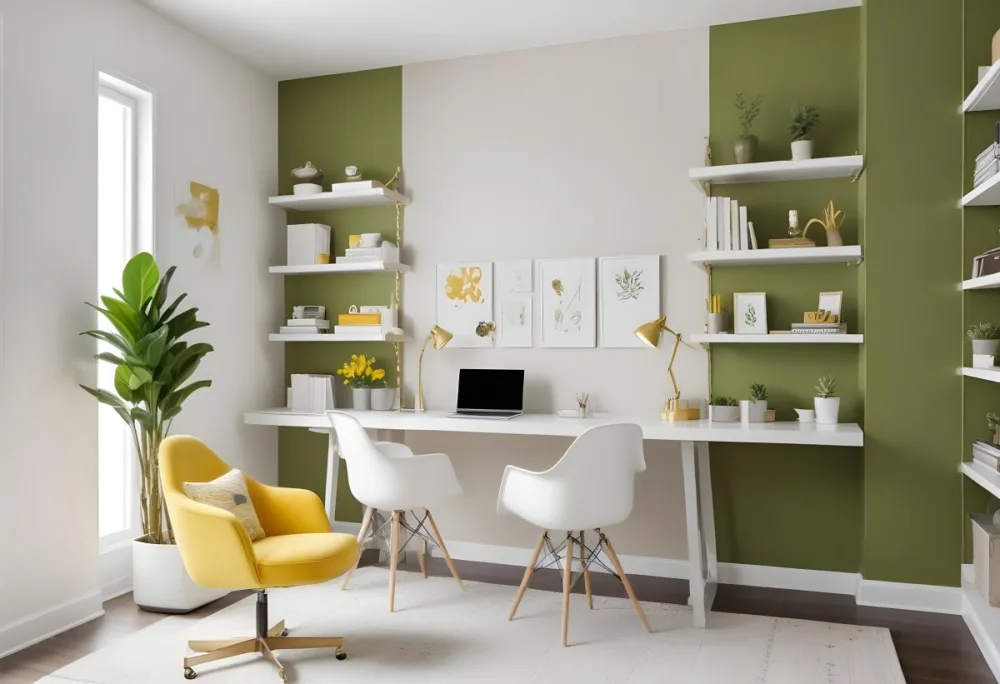 A Modern Home Office With A White Desk A White Chair And Shelving Units On The Wall The Color Scheme Is Mostly Neutral With Pops Of Yellow And Green Accents 6 4388