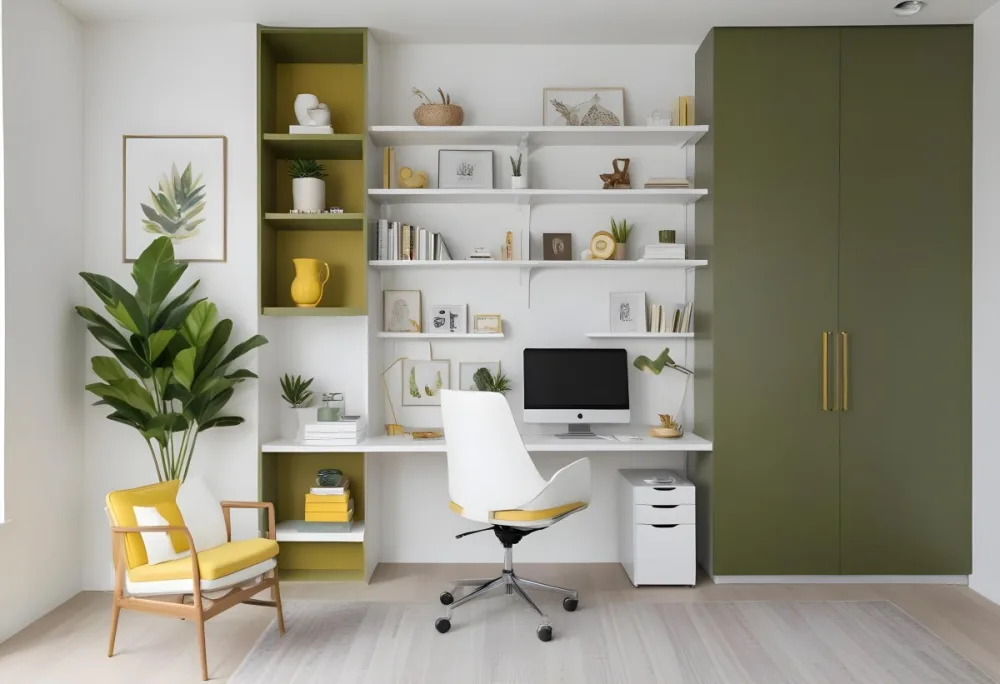 A Modern Home Office With A White Desk A White Chair And Shelving Units On The Wall The Color Scheme Is Mostly Neutral With Pops Of Yellow And Green Accents 7 0509