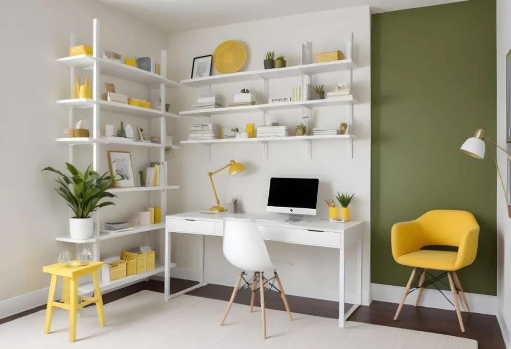A Modern Home Office With A White Desk A White Chair And Shelving Units On The Wall The Color Scheme Is Mostly Neutral With Pops Of Yellow And Green Accents 8 498d