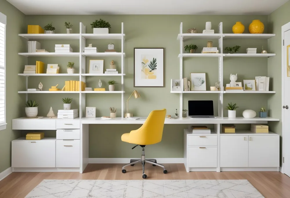 A Modern Home Office With A White Desk A White Chair And Shelving Units On The Wall The Color Scheme Is Mostly Neutral With Pops Of Yellow And Green Accents 9 7d6a