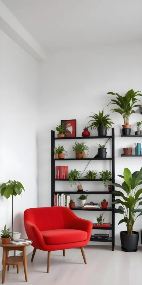 A Modern Living Room With A Black Bookshelf Filled With Plants A Red Sofa And Some Potted Plants On The Shelves 1 7f92