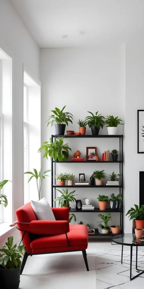 A Modern Living Room With A Black Bookshelf Filled With Plants A Red Sofa And Some Potted Plants On The Shelves 13 D659