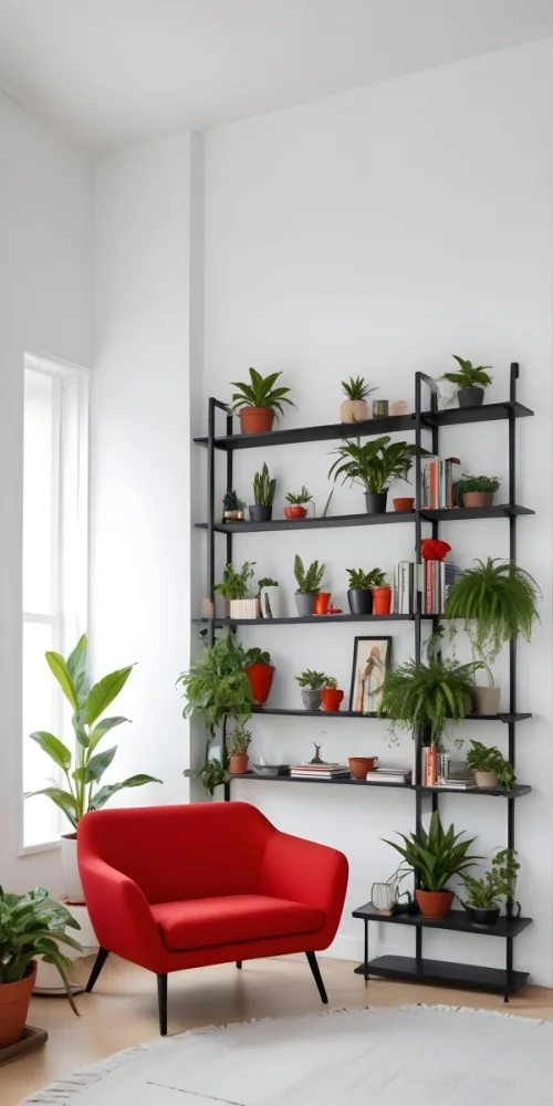 A Modern Living Room With A Black Bookshelf Filled With Plants A Red Sofa And Some Potted Plants On The Shelves 14 3c37