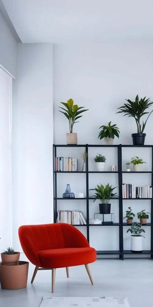A Modern Living Room With A Black Bookshelf Filled With Plants A Red Sofa And Some Potted Plants On The Shelves 22 Fa05