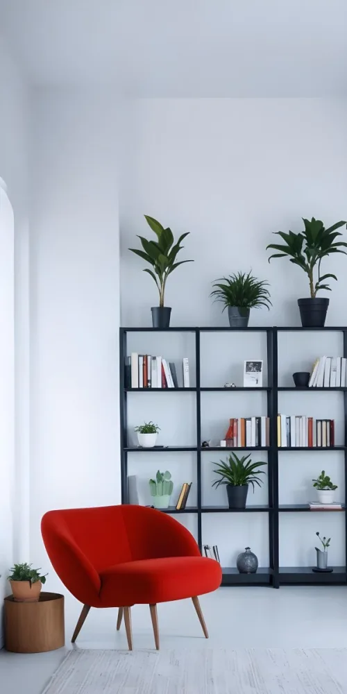 A Modern Living Room With A Black Bookshelf Filled With Plants A Red Sofa And Some Potted Plants On The Shelves 23 1fad