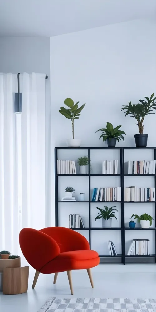 A Modern Living Room With A Black Bookshelf Filled With Plants A Red Sofa And Some Potted Plants On The Shelves 24 A742