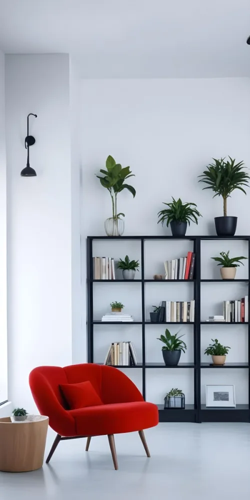 A Modern Living Room With A Black Bookshelf Filled With Plants A Red Sofa And Some Potted Plants On The Shelves 25 0da3