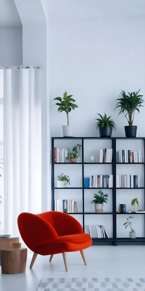 A Modern Living Room With A Black Bookshelf Filled With Plants A Red Sofa And Some Potted Plants On The Shelves 27 D284