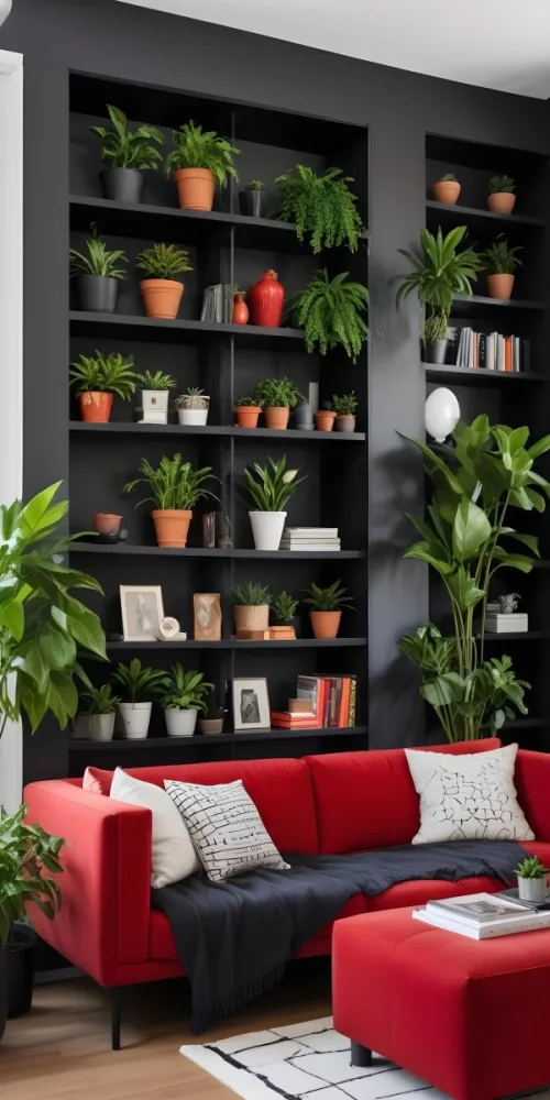 A Modern Living Room With A Black Bookshelf Filled With Plants A Red Sofa And Some Potted Plants On The Shelves 28 24e1