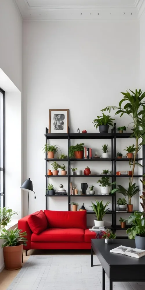 A Modern Living Room With A Black Bookshelf Filled With Plants A Red Sofa And Some Potted Plants On The Shelves 3 E734