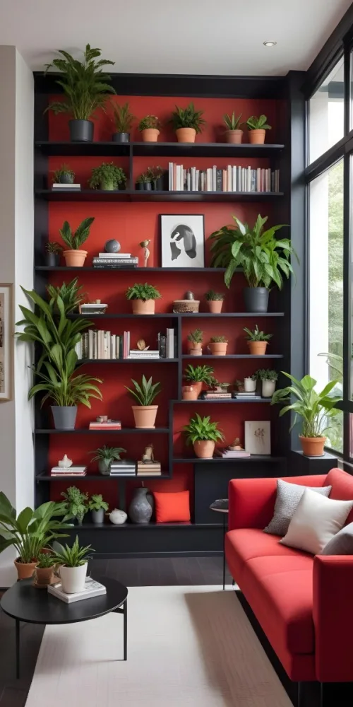 A Modern Living Room With A Black Bookshelf Filled With Plants A Red Sofa And Some Potted Plants On The Shelves 4 09dc