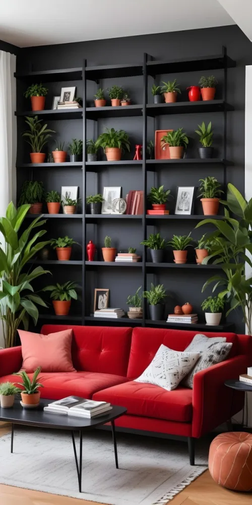A Modern Living Room With A Black Bookshelf Filled With Plants A Red Sofa And Some Potted Plants On The Shelves 5 7fb6