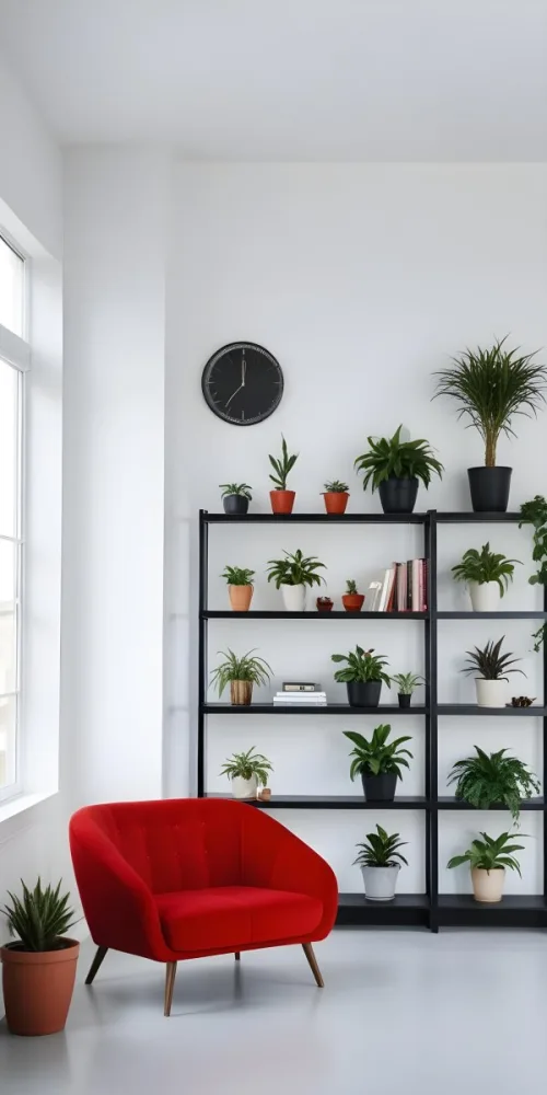 A Modern Living Room With A Black Bookshelf Filled With Plants A Red Sofa And Some Potted Plants On The Shelves 7 3590