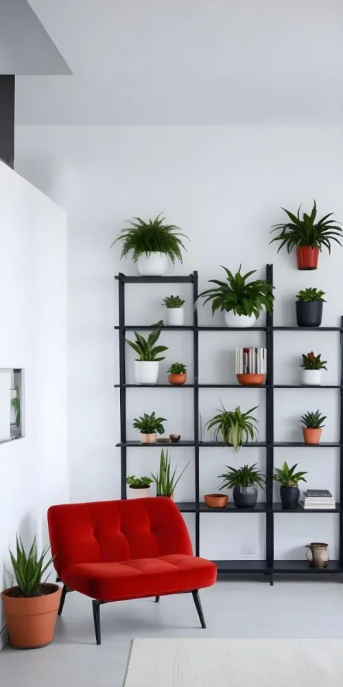 A Modern Living Room With A Black Bookshelf Filled With Plants A Red Sofa And Some Potted Plants On The Shelves 8 A9e4