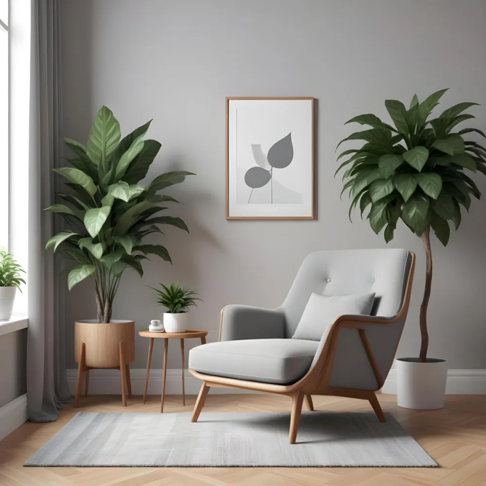 A Modern Living Room With A Gray Armchair A White Framed Wall Art And A Wooden Side Table With A Potted Plant 10 61d6