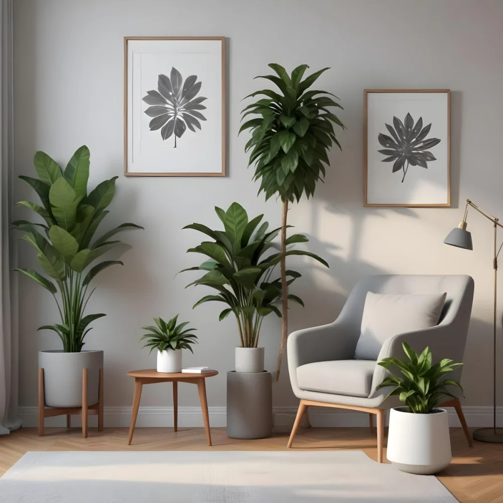 A Modern Living Room With A Gray Armchair A White Framed Wall Art And A Wooden Side Table With A Potted Plant 4 A86f