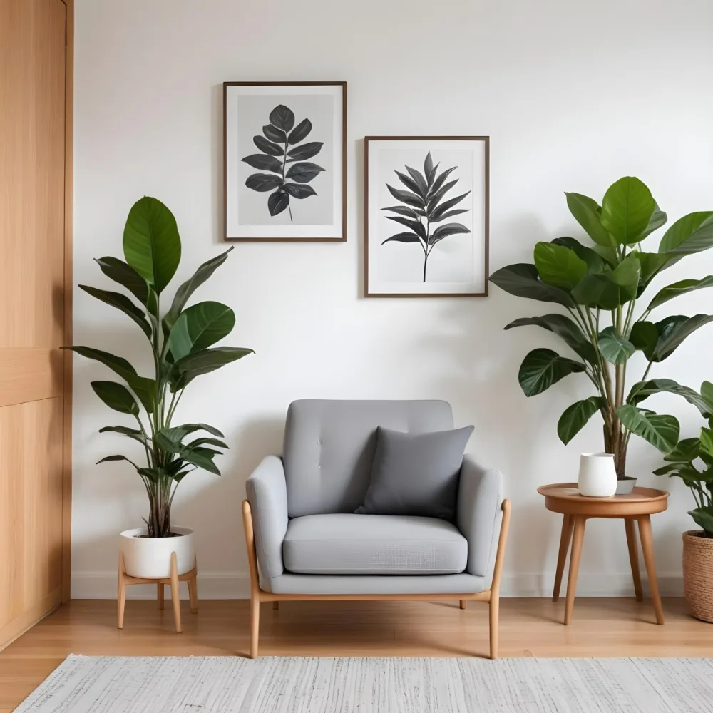 A Modern Living Room With A Gray Armchair A White Framed Wall Art And A Wooden Side Table With A Potted Plant 45 Cbb9