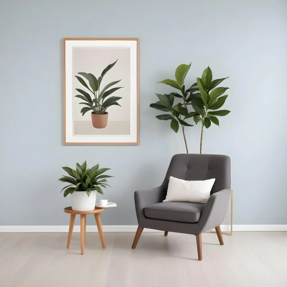 A Modern Living Room With A Gray Armchair A White Framed Wall Art And A Wooden Side Table With A Potted Plant 49 1144