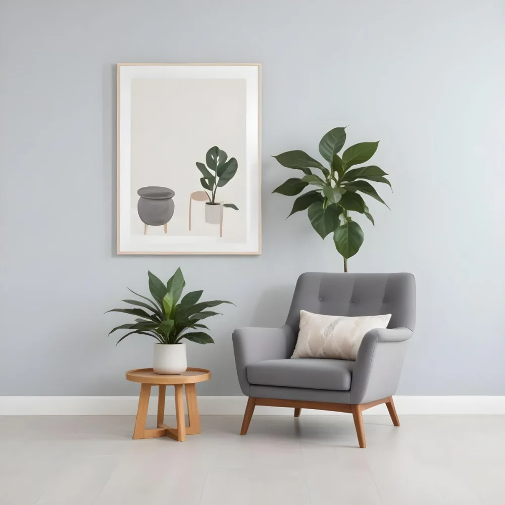 A Modern Living Room With A Gray Armchair A White Framed Wall Art And A Wooden Side Table With A Potted Plant 57 025e