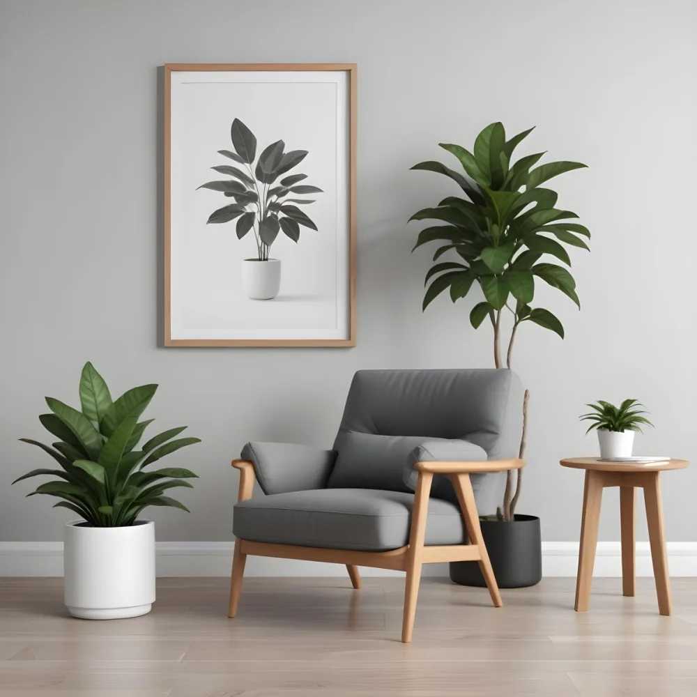 A Modern Living Room With A Gray Armchair A White Framed Wall Art And A Wooden Side Table With A Potted Plant 6 953e