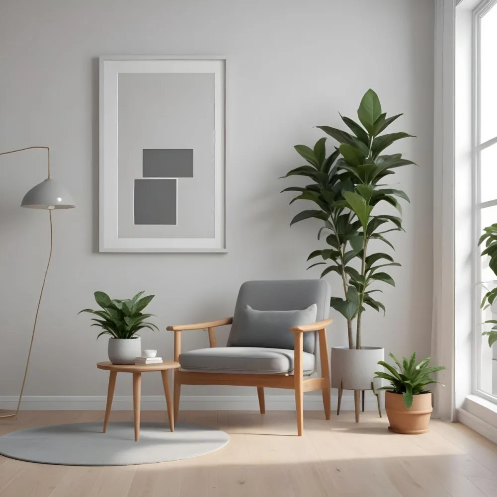 A Modern Living Room With A Gray Armchair A White Framed Wall Art And A Wooden Side Table With A Potted Plant 7 F30d