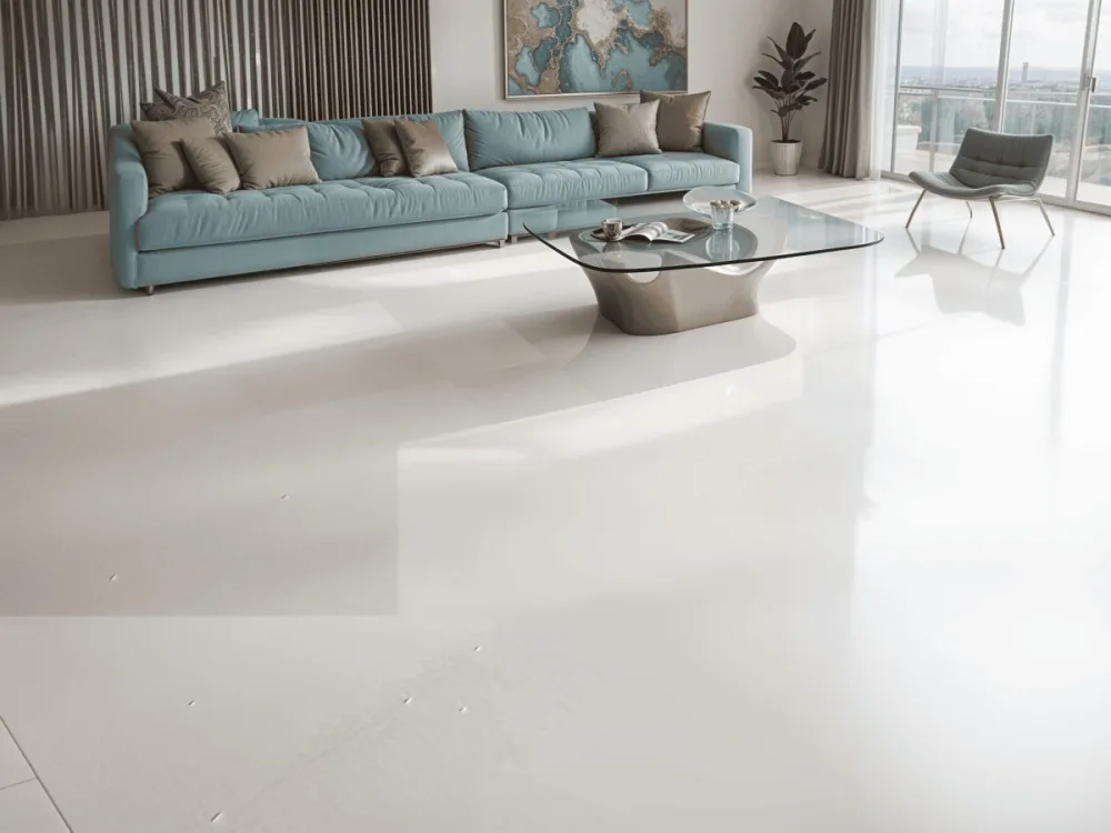 A Modern Living Room With A Large Gray Sectional Sofa A Glass Coffee Table And A Minimalist Decor Style The Room Has White Walls And Floors Creating A Bright And Airy Atmosphere 2 Bcd5