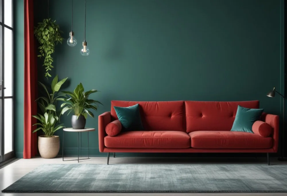 A Modern Living Room With A Red Sofa Potted Plants And Hanging Light Fixtures Against A Dark Green Wall 1 57d9