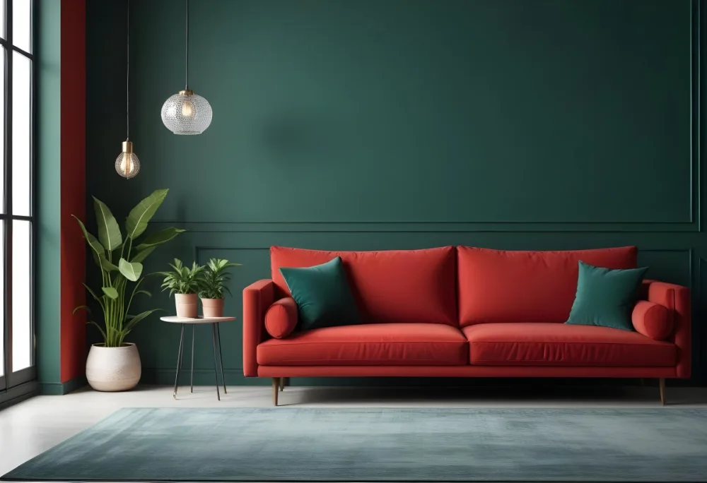 A Modern Living Room With A Red Sofa Potted Plants And Hanging Light Fixtures Against A Dark Green Wall 1 A257