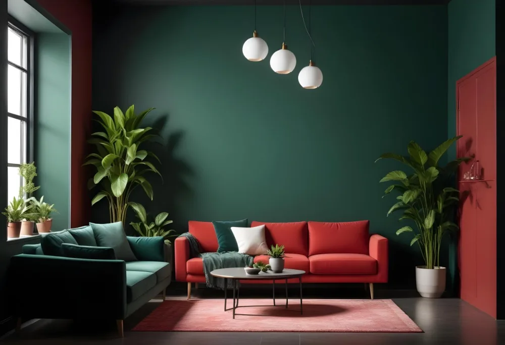 A Modern Living Room With A Red Sofa Potted Plants And Hanging Light Fixtures Against A Dark Green Wall 10 Abaf