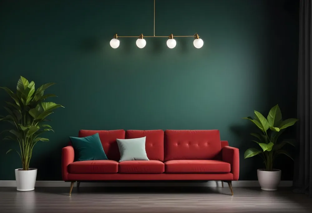 A Modern Living Room With A Red Sofa Potted Plants And Hanging Light Fixtures Against A Dark Green Wall 11 521b