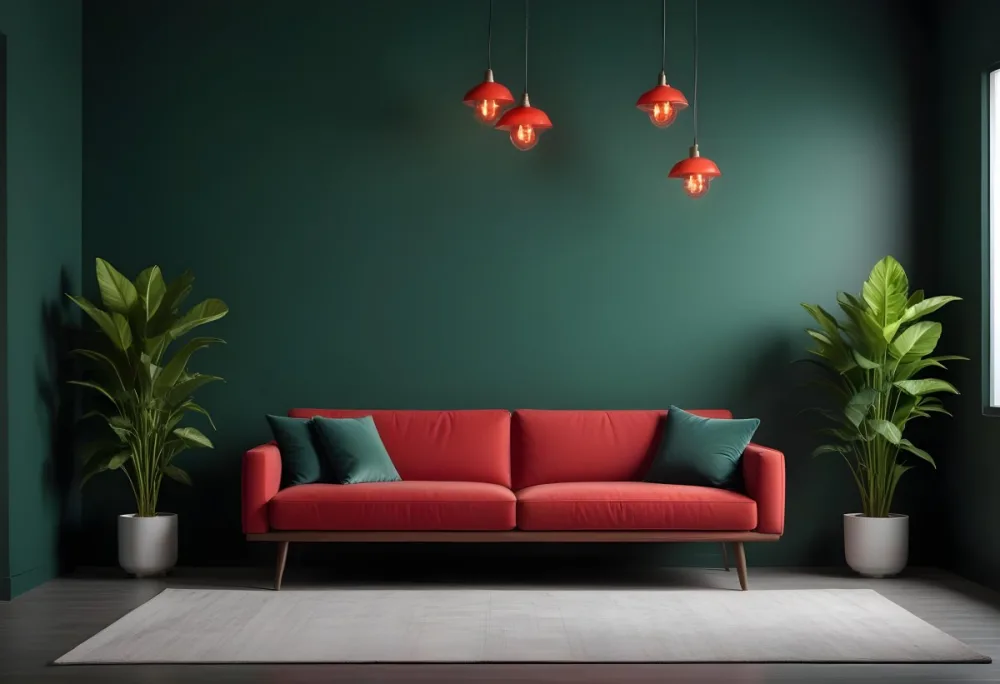 A Modern Living Room With A Red Sofa Potted Plants And Hanging Light Fixtures Against A Dark Green Wall 2 53ef
