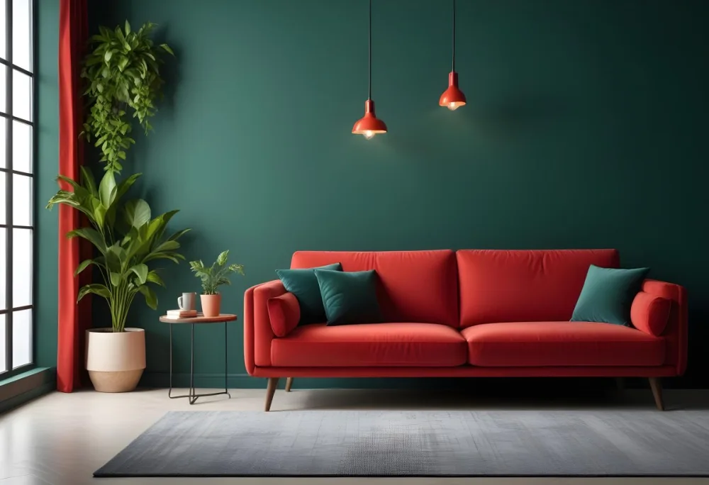 A Modern Living Room With A Red Sofa Potted Plants And Hanging Light Fixtures Against A Dark Green Wall 3 Be00