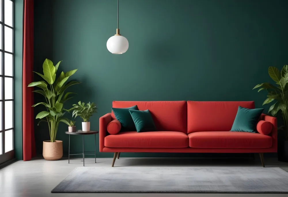 A Modern Living Room With A Red Sofa Potted Plants And Hanging Light Fixtures Against A Dark Green Wall 4 63e4
