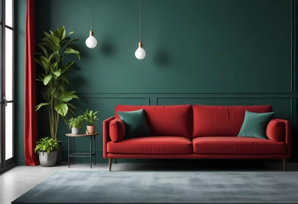 A Modern Living Room With A Red Sofa Potted Plants And Hanging Light Fixtures Against A Dark Green Wall 5 4424