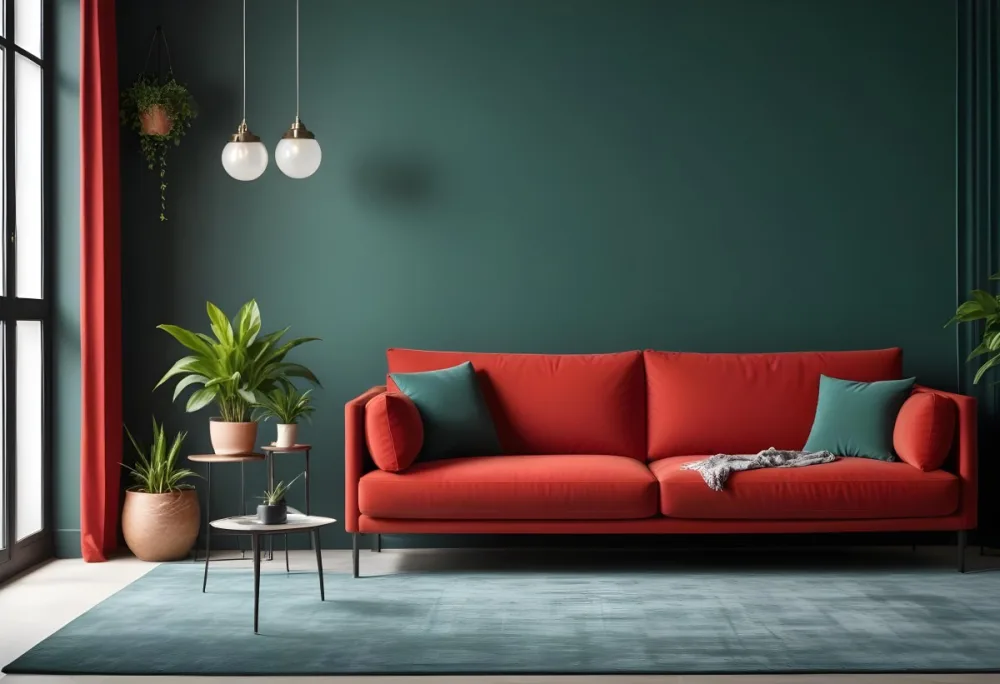 A Modern Living Room With A Red Sofa Potted Plants And Hanging Light Fixtures Against A Dark Green Wall 6 61a0