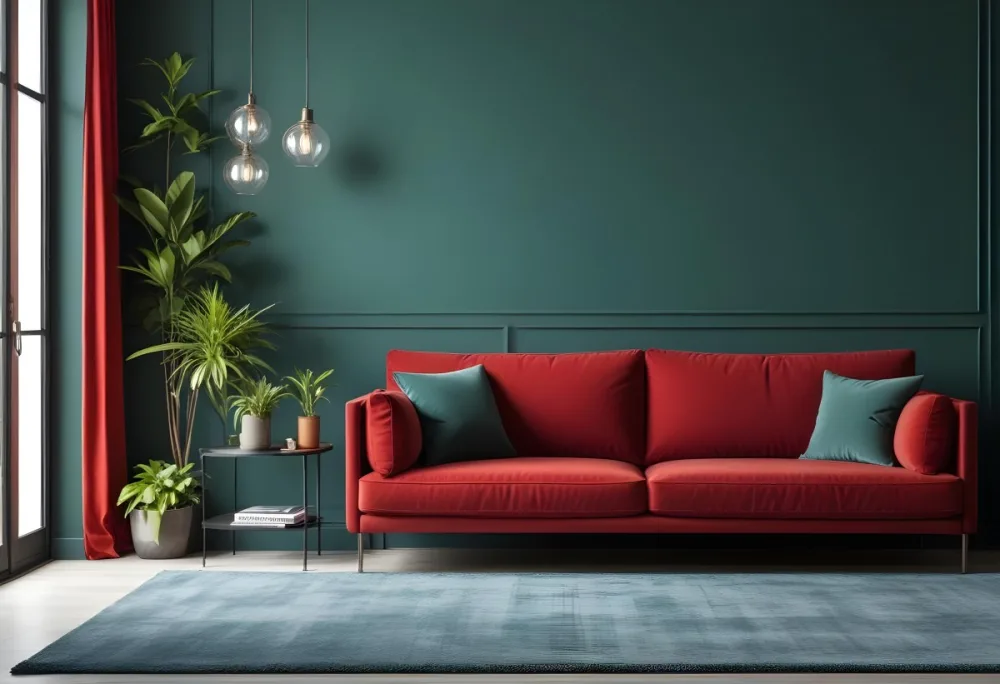 A Modern Living Room With A Red Sofa Potted Plants And Hanging Light Fixtures Against A Dark Green Wall 7 1a2c