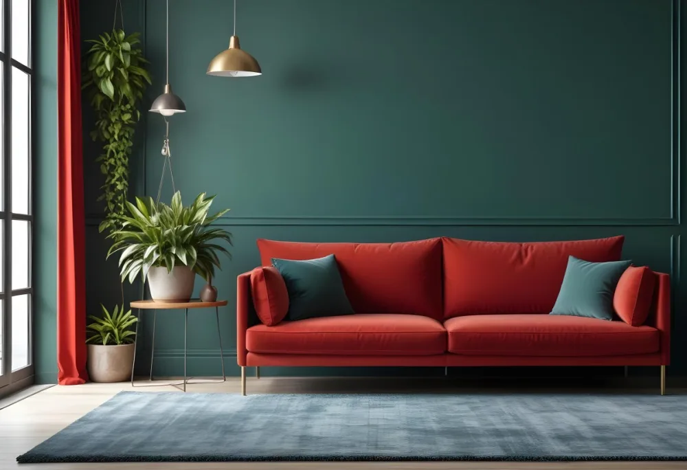 A Modern Living Room With A Red Sofa Potted Plants And Hanging Light Fixtures Against A Dark Green Wall 8 7fc1