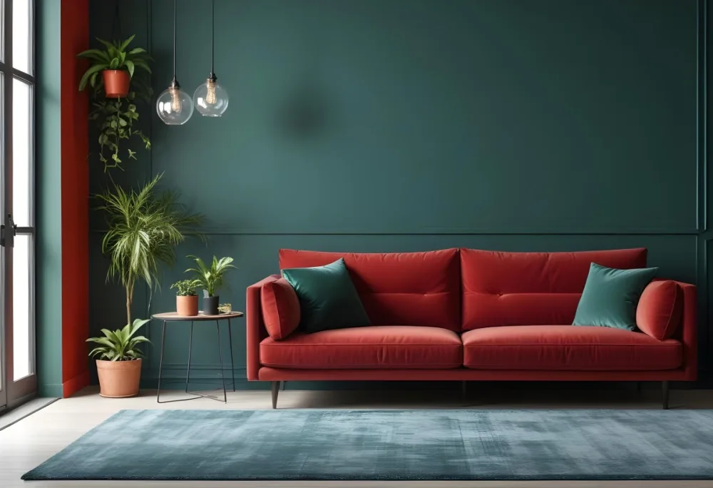 A Modern Living Room With A Red Sofa Potted Plants And Hanging Light Fixtures Against A Dark Green Wall 9 297d