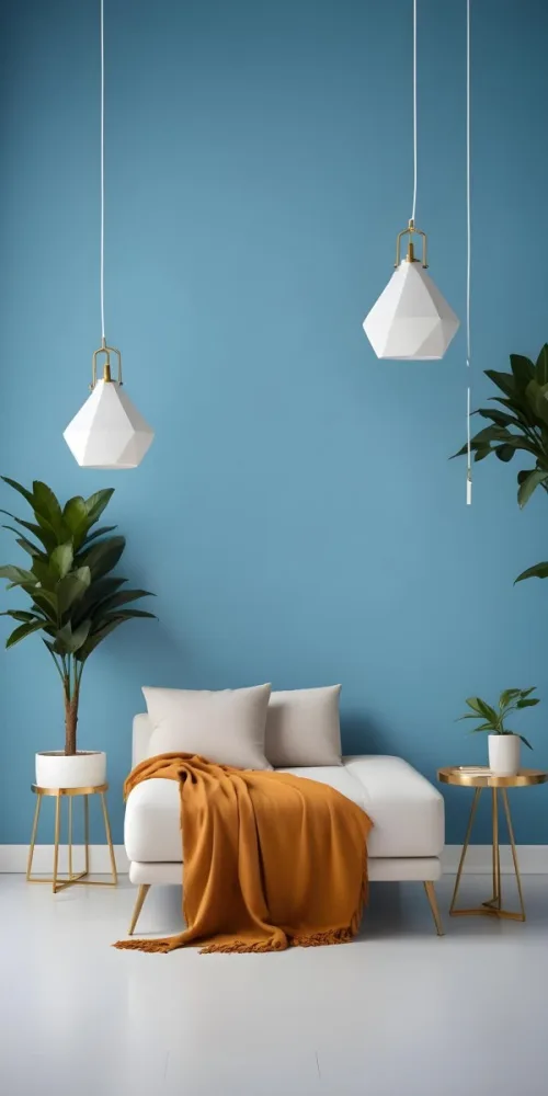 A Modern Living Room With A White Sofa A Potted Plant And Geometric Pendant Lights Hanging From The Ceiling Against A Blue Wall 6 086c