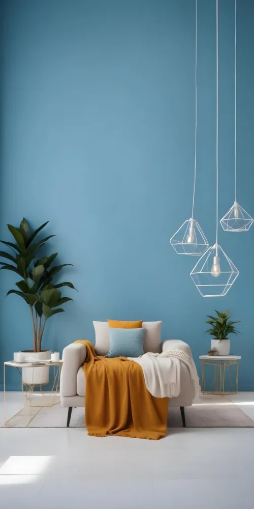 A Modern Living Room With A White Sofa A Potted Plant And Geometric Pendant Lights Hanging From The Ceiling Against A Blue Wall 7 6a7f