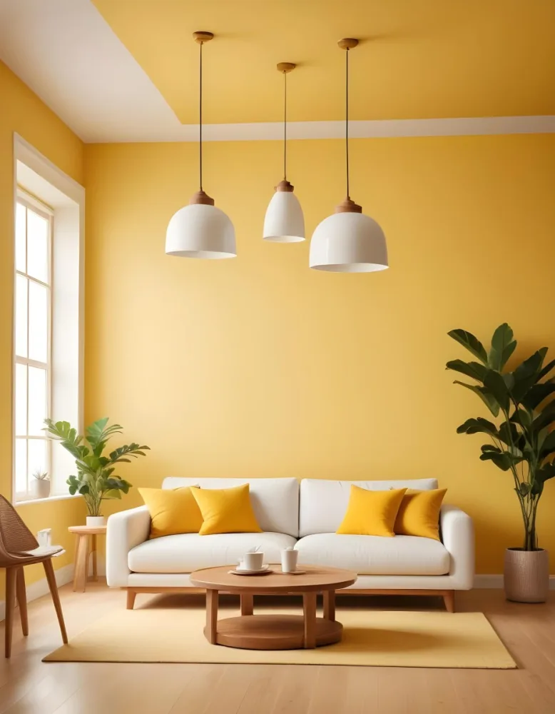 A Modern Living Room With A White Sofa Wooden Coffee Table And Several Hanging Pendant Lights In A Bright Yellow Room 10 D697