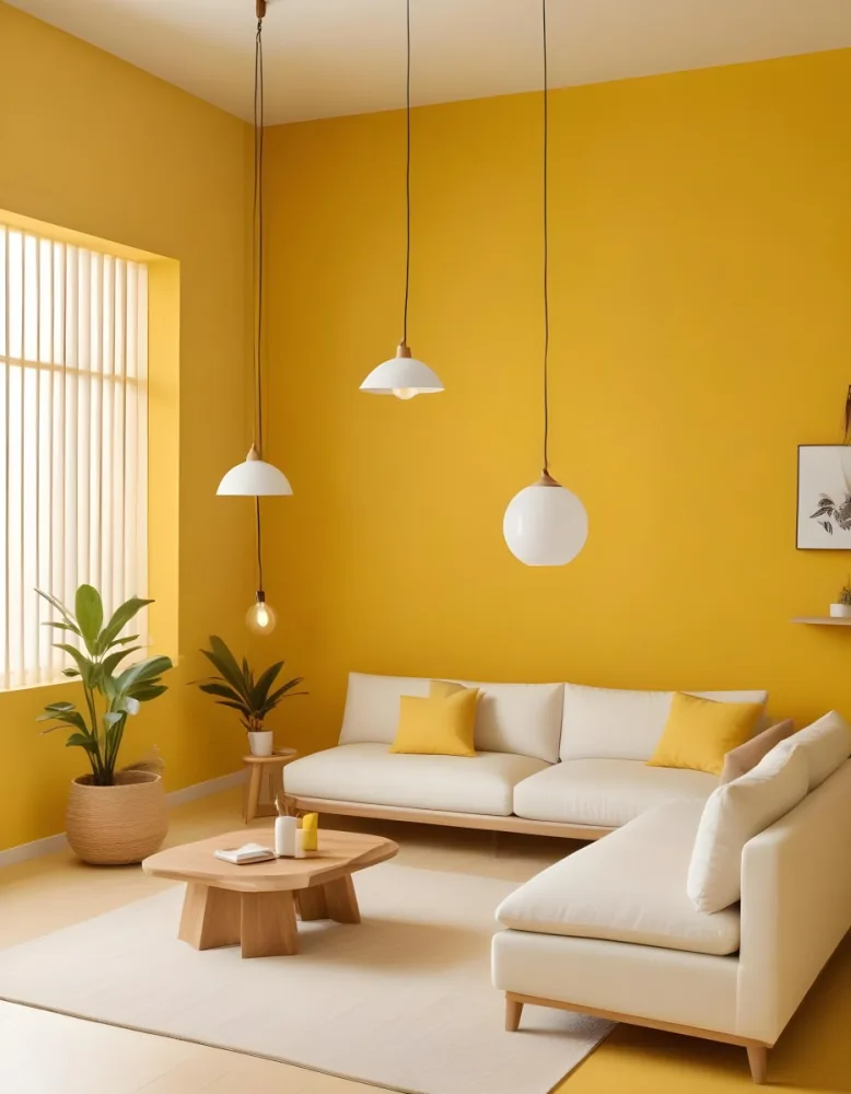 A Modern Living Room With A White Sofa Wooden Coffee Table And Several Hanging Pendant Lights In A Bright Yellow Room 14 89d9