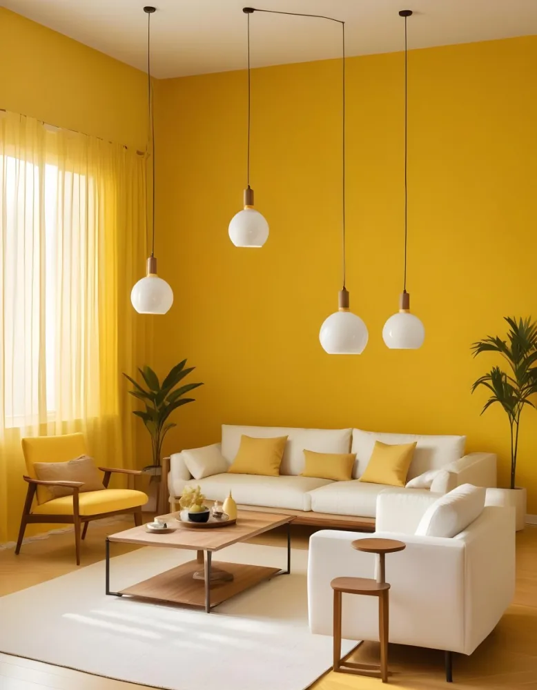 A Modern Living Room With A White Sofa Wooden Coffee Table And Several Hanging Pendant Lights In A Bright Yellow Room 15 2e1e