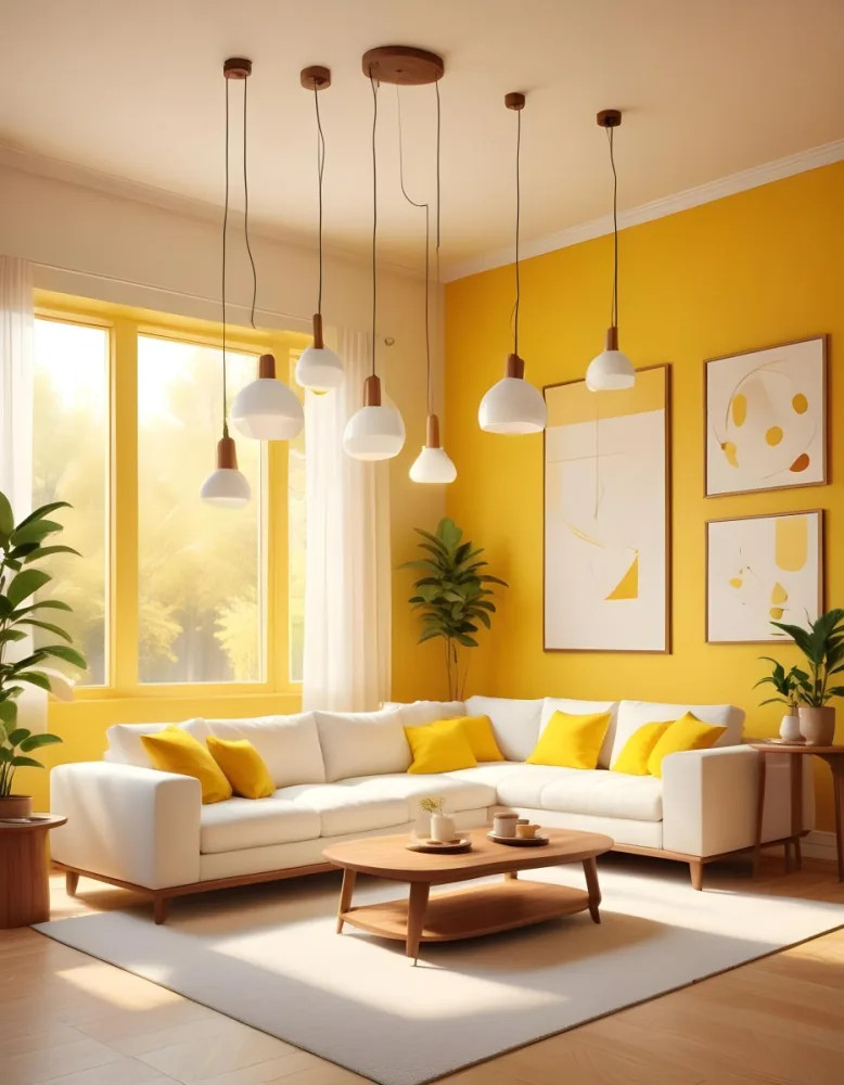 A Modern Living Room With A White Sofa Wooden Coffee Table And Several Hanging Pendant Lights In A Bright Yellow Room 2 2ea2