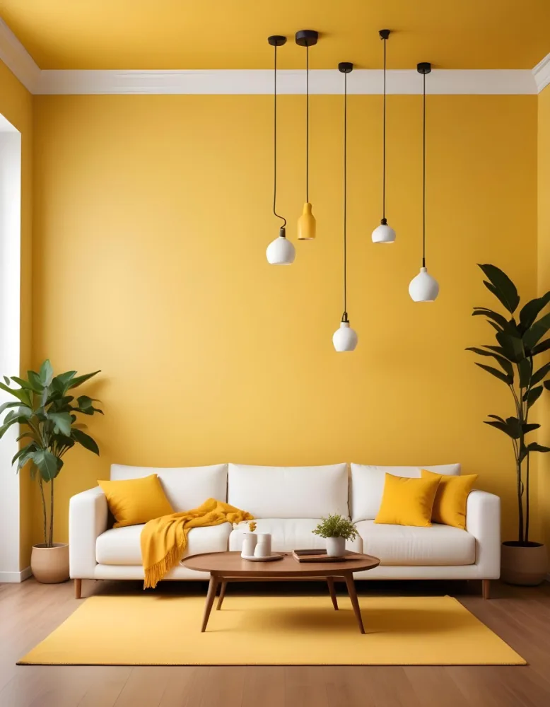 A Modern Living Room With A White Sofa Wooden Coffee Table And Several Hanging Pendant Lights In A Bright Yellow Room 20 2fe6