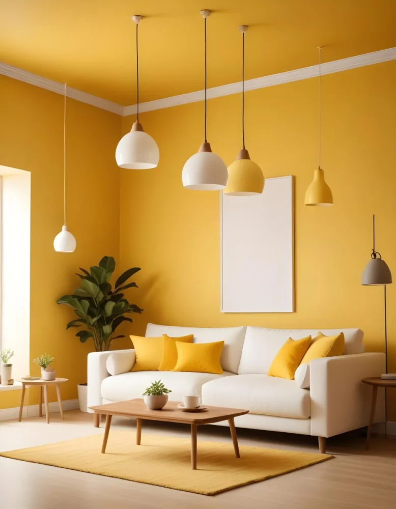 A Modern Living Room With A White Sofa Wooden Coffee Table And Several Hanging Pendant Lights In A Bright Yellow Room 23 4d29