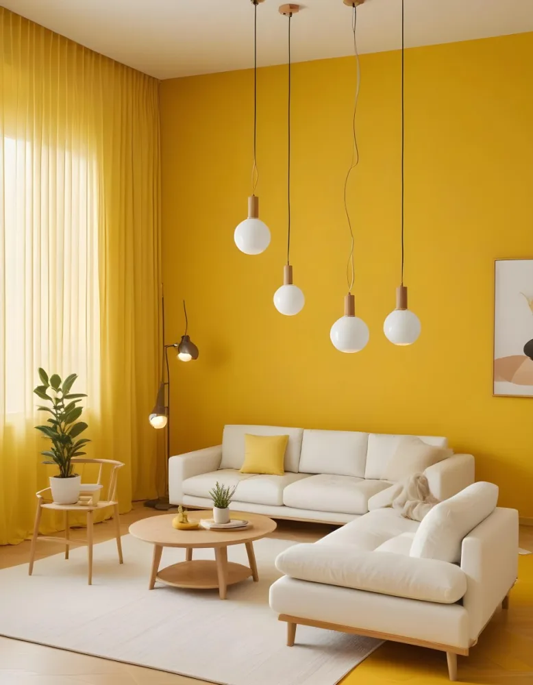 A Modern Living Room With A White Sofa Wooden Coffee Table And Several Hanging Pendant Lights In A Bright Yellow Room 24 Ea5b