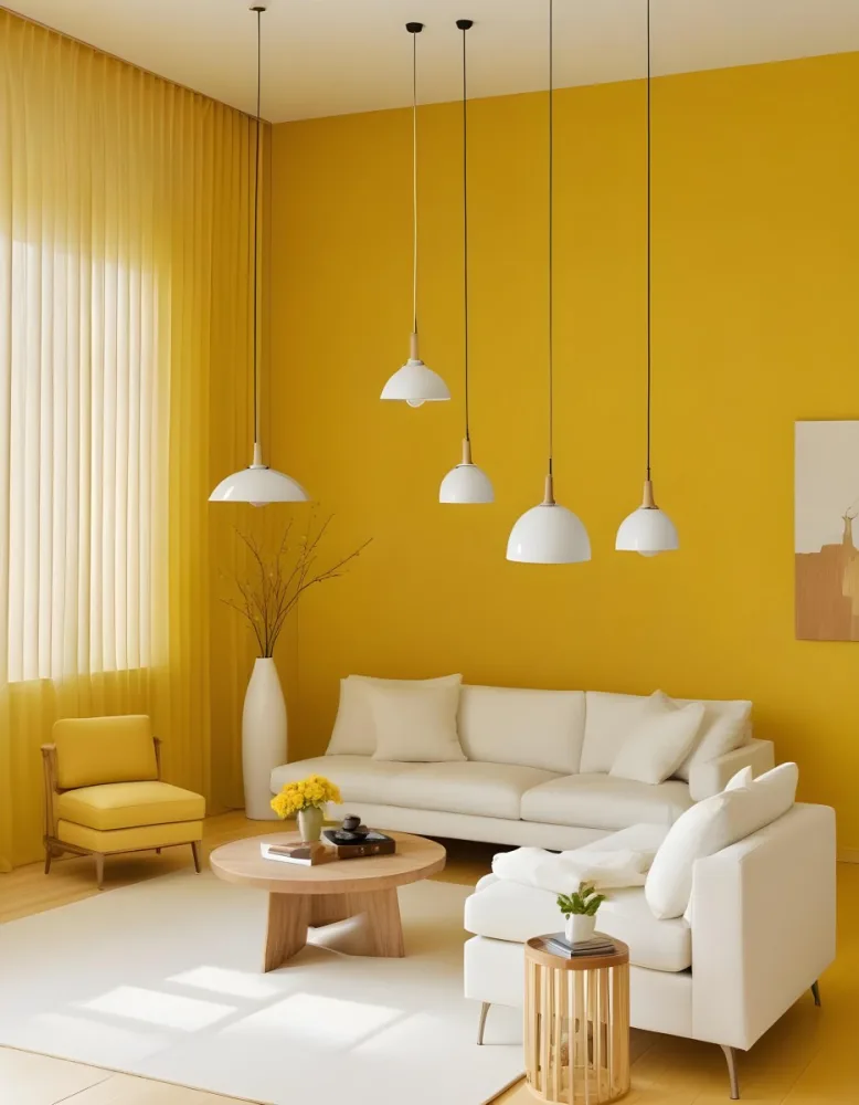 A Modern Living Room With A White Sofa Wooden Coffee Table And Several Hanging Pendant Lights In A Bright Yellow Room 27 5ed8