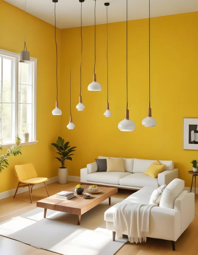 A Modern Living Room With A White Sofa Wooden Coffee Table And Several Hanging Pendant Lights In A Bright Yellow Room 28 3096